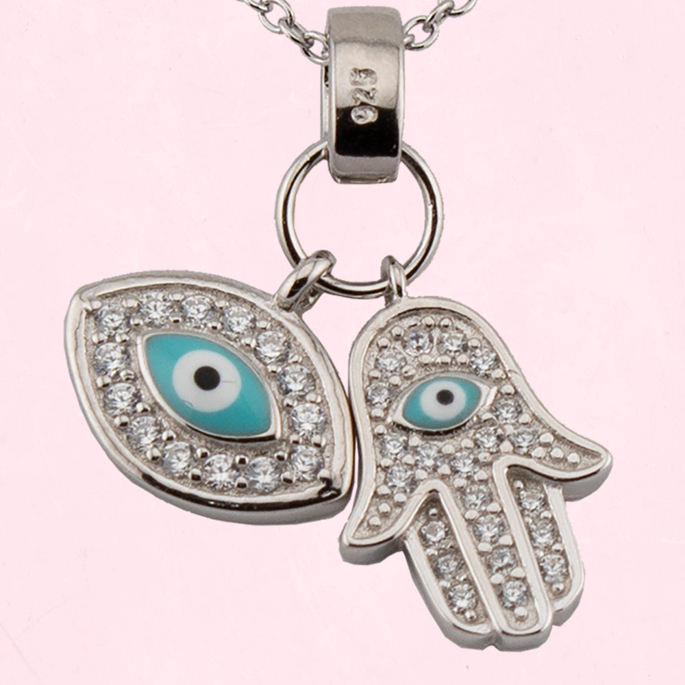 Collar con Colgante Mano de Fátima y Ojo Turco. Plata de Ley. Baño Rodio. Zirconitas. Cadena Forzatina CL1314799R - Henor