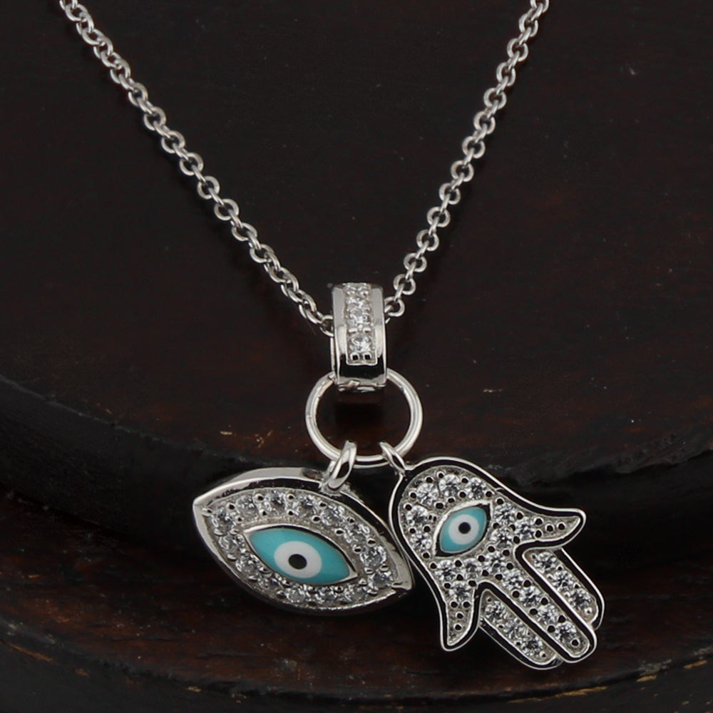 Collar con Colgante Mano de Fátima y Ojo Turco. Plata de Ley. Baño Rodio. Zirconitas. Cadena Forzatina CL1314799R - Henor
