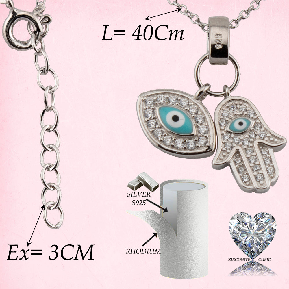 Collar con Colgante Mano de Fátima y Ojo Turco. Plata de Ley. Baño Rodio. Zirconitas. Cadena Forzatina CL1314799R - Henor