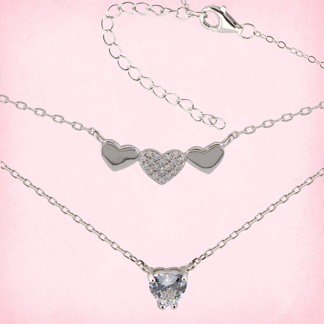 Collar doble. Gargantilla. Colgante corazones doble cadena Forzatina en Plata de Ley S925 bañada en Radio y Zirconita blanca CL1316201R - Henor