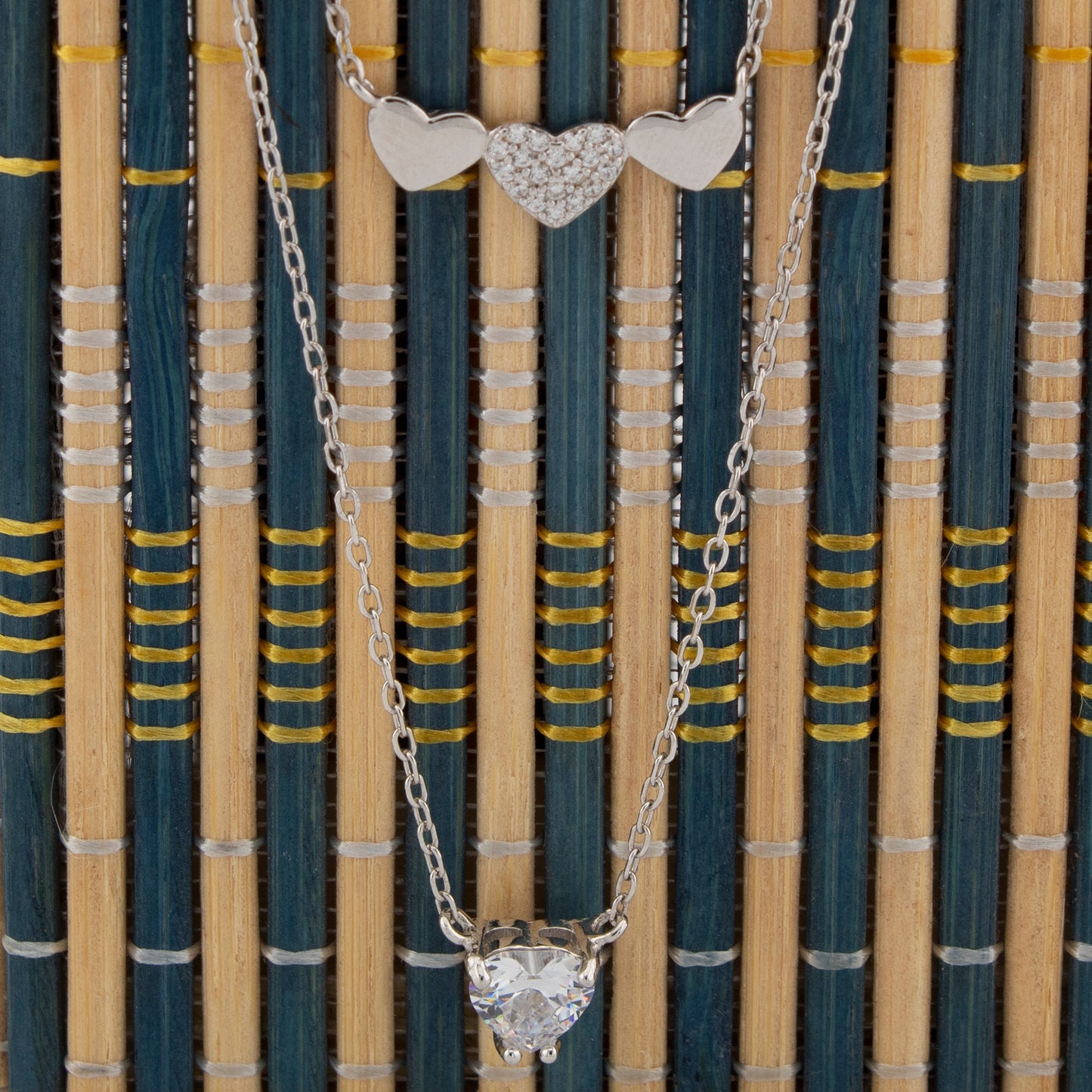 Collar doble. Gargantilla. Colgante corazones doble cadena Forzatina en Plata de Ley S925 bañada en Radio y Zirconita blanca CL1316201R - Henor