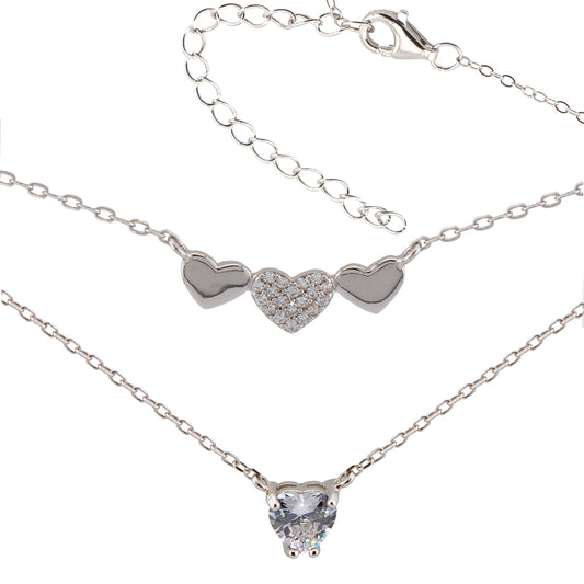 Collar doble. Gargantilla. Colgante corazones doble cadena Forzatina en Plata de Ley S925 bañada en Radio y Zirconita blanca CL1316201R - Henor