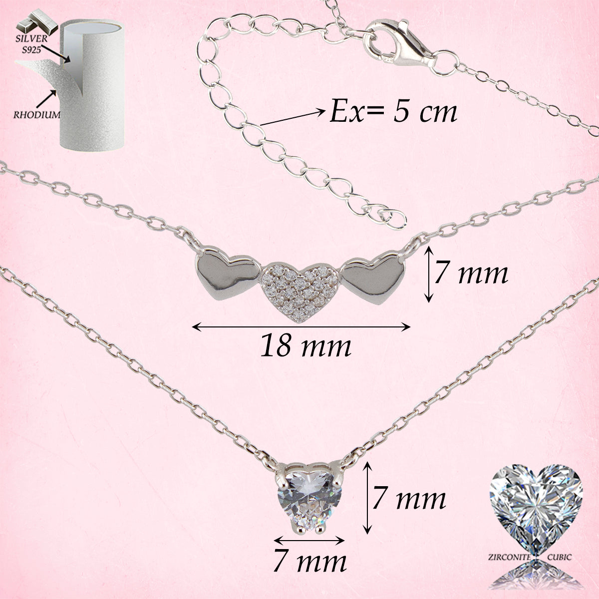Collar doble. Gargantilla. Colgante corazones doble cadena Forzatina en Plata de Ley S925 bañada en Radio y Zirconita blanca CL1316201R - Henor