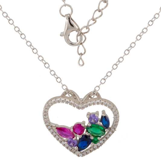 Gargantilla. Cadena con Colgante corazón con Zirconita blanca e interior Zirconitas multicolor Cadena Forzatina Plata de Ley baño en Rodio CL1316686R - Henor