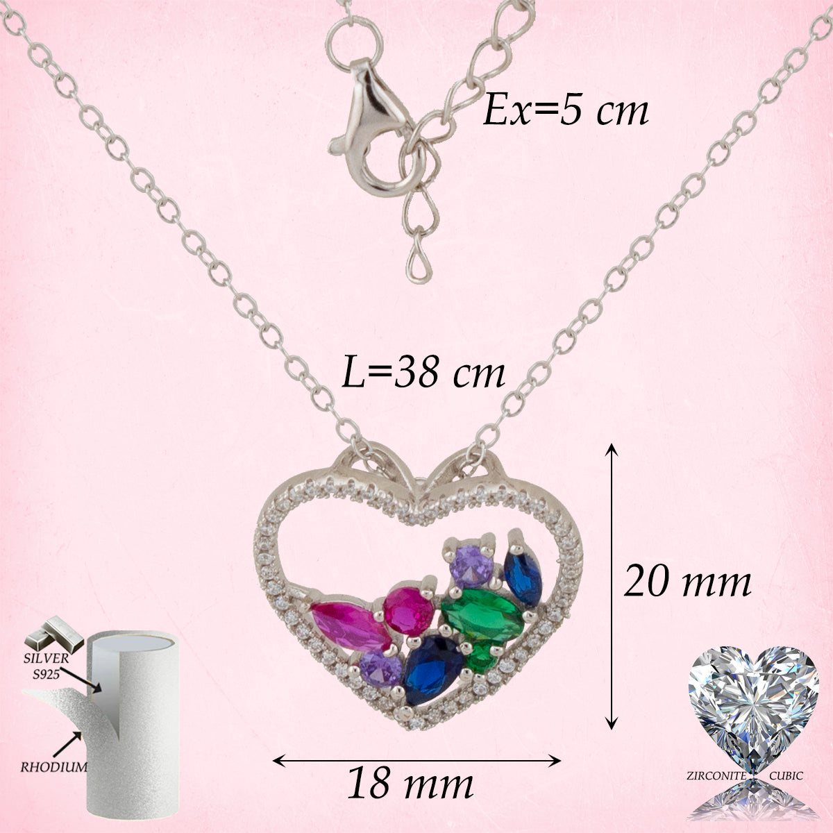 Gargantilla. Cadena con Colgante corazón con Zirconita blanca e interior Zirconitas multicolor Cadena Forzatina Plata de Ley baño en Rodio CL1316686R - Henor