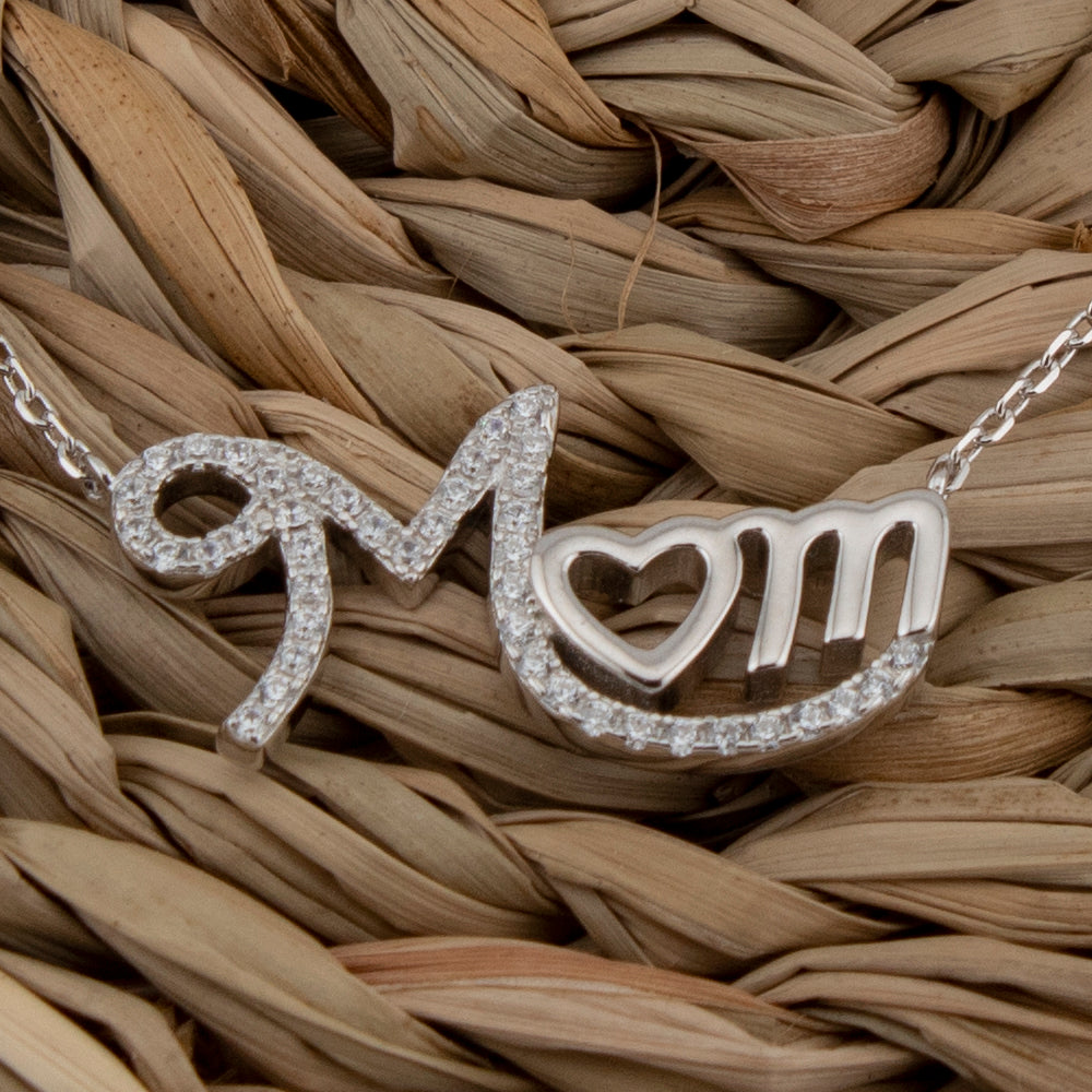 Cadena con Colgante MOM con Corazón. Zirconitas blancas. Plata de Ley S925 Baño Rodio. Cadena Forzatina CL316722R - Henor