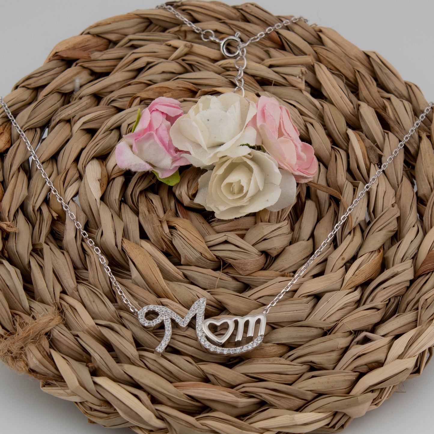 Cadena con Colgante MOM con Corazón. Zirconitas blancas. Plata de Ley S925 Baño Rodio. Cadena Forzatina CL316722R - Henor