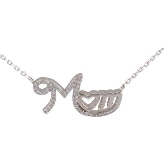 Cadena con Colgante MOM con Corazón. Zirconitas blancas. Plata de Ley S925 Baño Rodio. Cadena Forzatina CL316722R - Henor