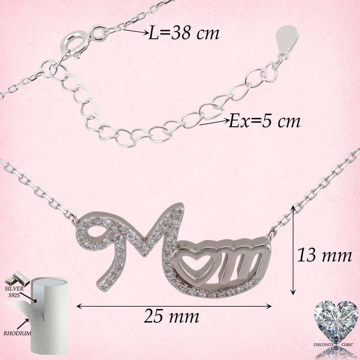 Cadena con Colgante MOM con Corazón. Zirconitas blancas. Plata de Ley S925 Baño Rodio. Cadena Forzatina CL316722R - Henor