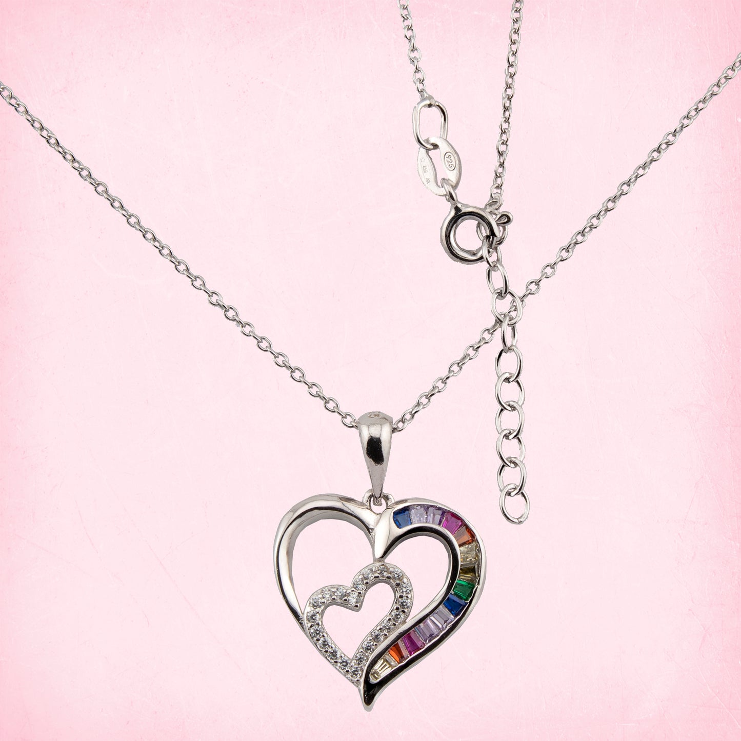 Collar con Colgante Doble Corazón. Zirconitas blanco y multicolor. cadena Forzatina Plata de Ley. baño Rodio. CL1316764R - Henor