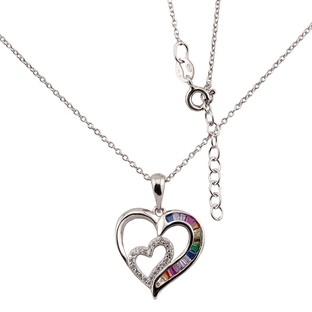 Collar con Colgante Doble Corazón. Zirconitas blanco y multicolor. cadena Forzatina Plata de Ley. baño Rodio. CL1316764R - Henor