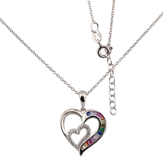Collar con Colgante Doble Corazón. Zirconitas blanco y multicolor. cadena Forzatina Plata de Ley. baño Rodio. CL1316764R - Henor