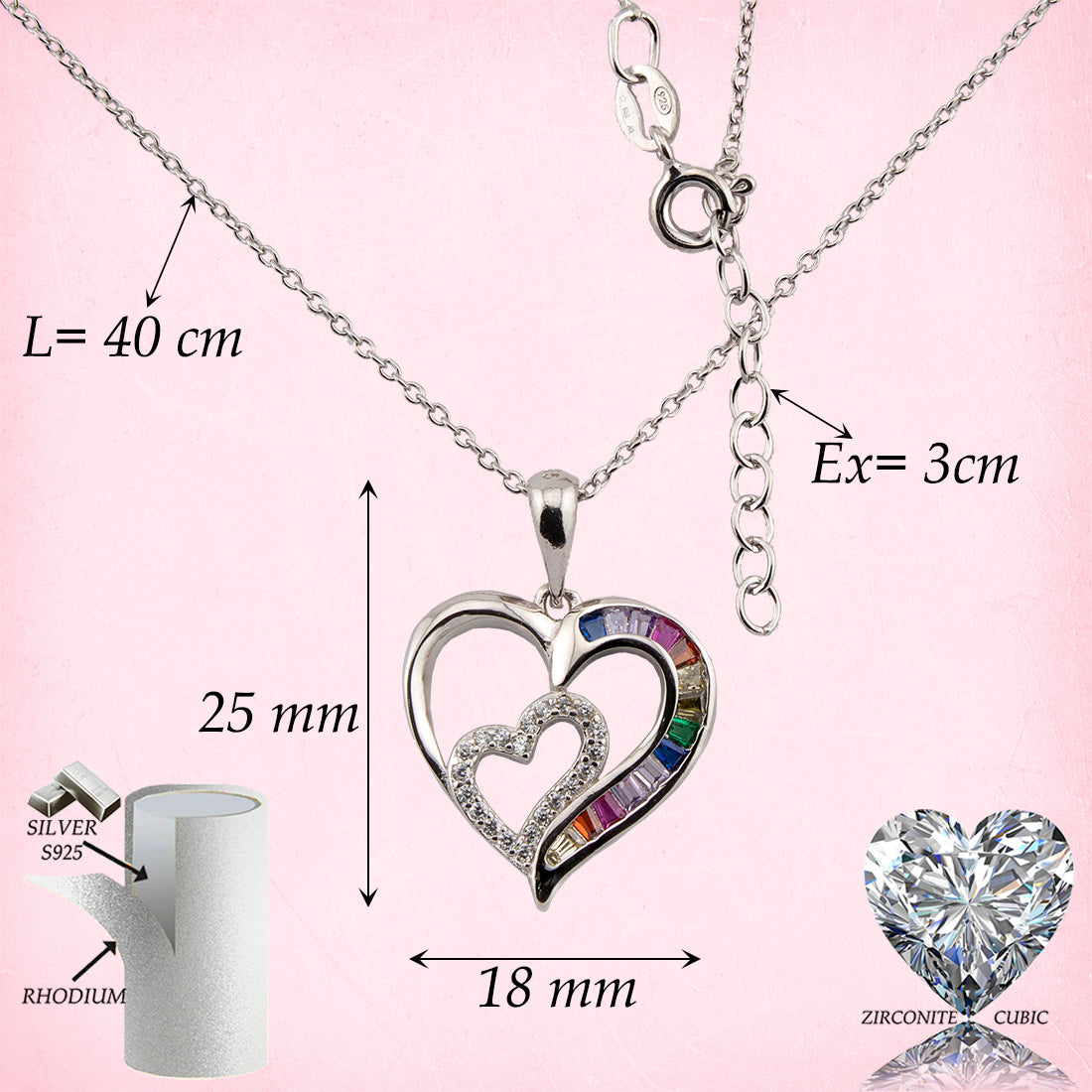 Collar con Colgante Doble Corazón. Zirconitas blanco y multicolor. cadena Forzatina Plata de Ley. baño Rodio. CL1316764R - Henor