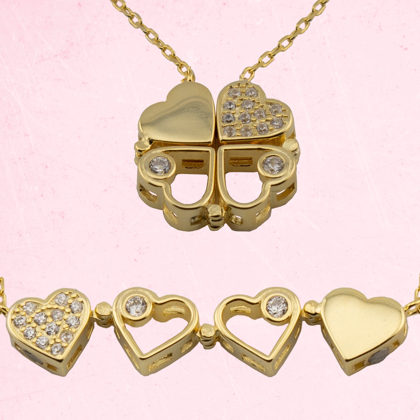 Collar con Colgante Trébol convertible en Corazones con Zirconita. Plata de Ley 925 con Baño Oro 18K. cadena Forzatina CL1316784O - Henor