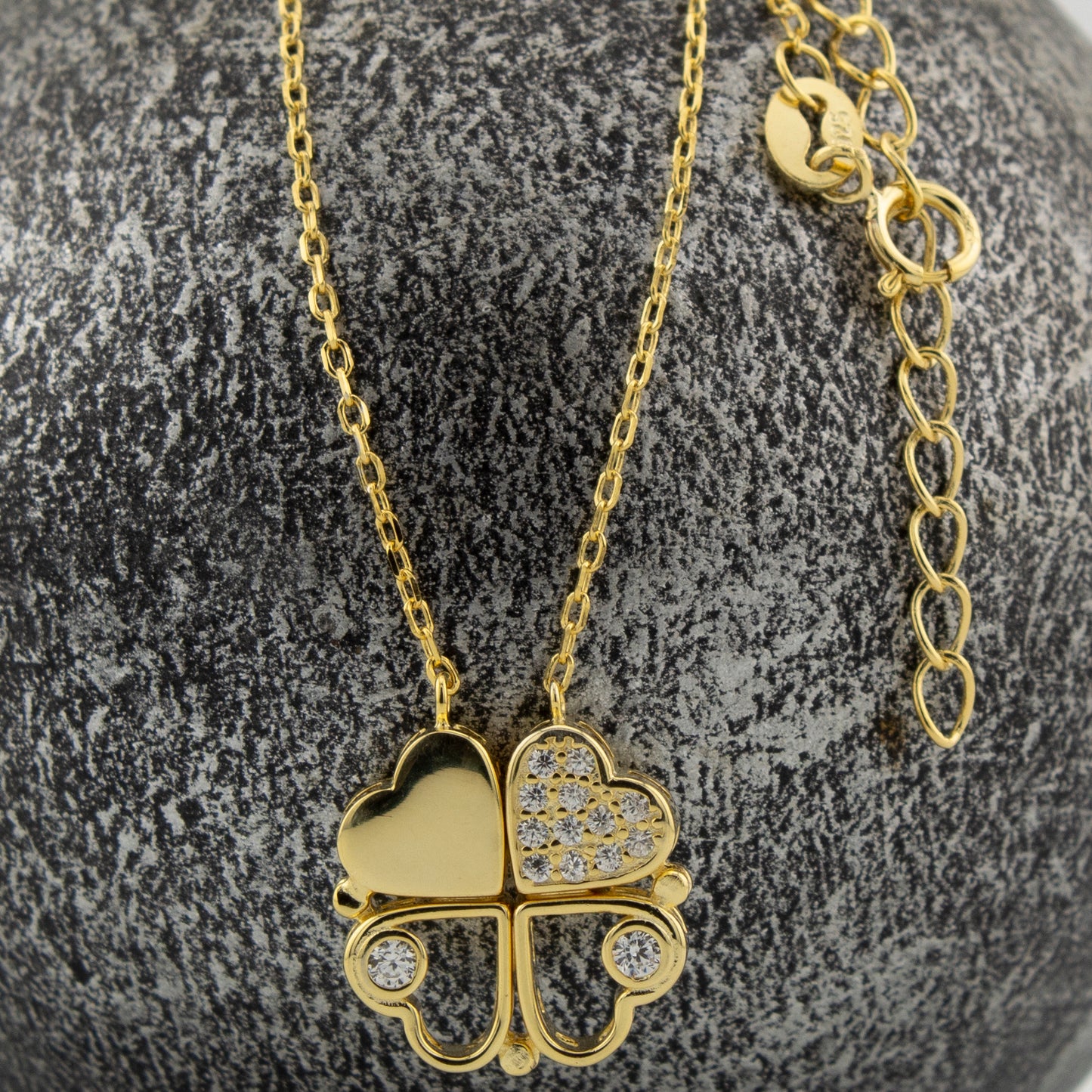 Collar con Colgante Trébol convertible en Corazones con Zirconita. Plata de Ley 925 con Baño Oro 18K. cadena Forzatina CL1316784O - Henor