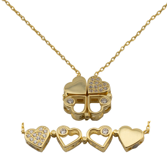 Collar con Colgante Trébol convertible en Corazones con Zirconita. Plata de Ley 925 con Baño Oro 18K. cadena Forzatina CL1316784O - Henor