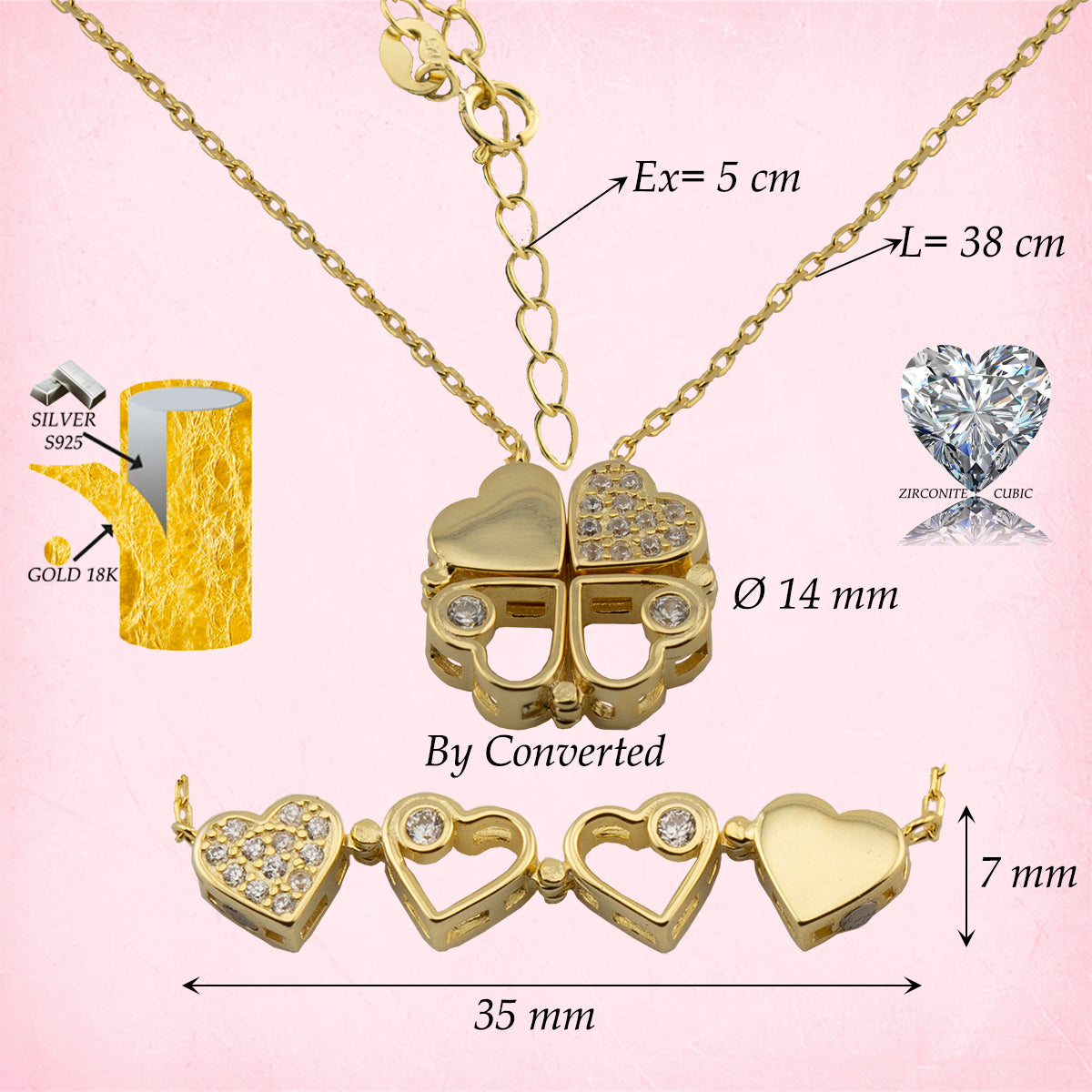 Collar con Colgante Trébol convertible en Corazones con Zirconita. Plata de Ley 925 con Baño Oro 18K. cadena Forzatina CL1316784O - Henor