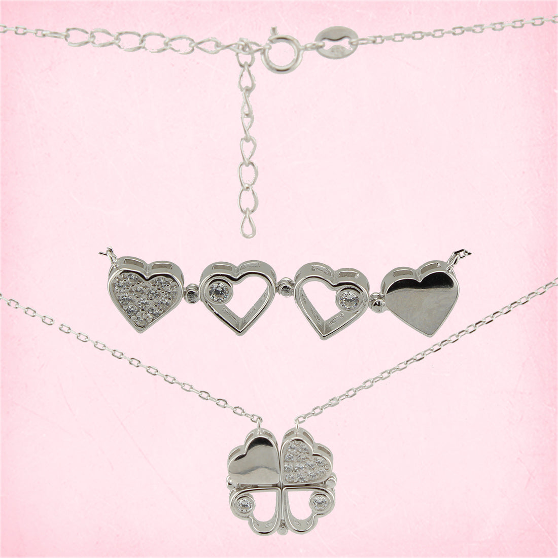 Collar con Colgante. Trébol convertible en Corazones con Zirconita. Plata de Ley S925. Baño Rodio. CL1316784R - Henor