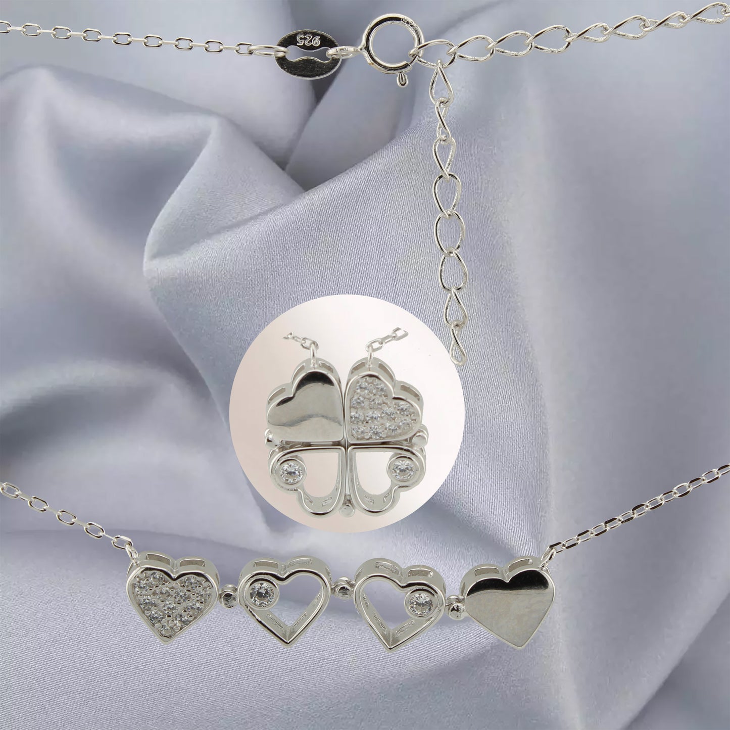 Collar con Colgante. Trébol convertible en Corazones con Zirconita. Plata de Ley S925. Baño Rodio. CL1316784R - Henor