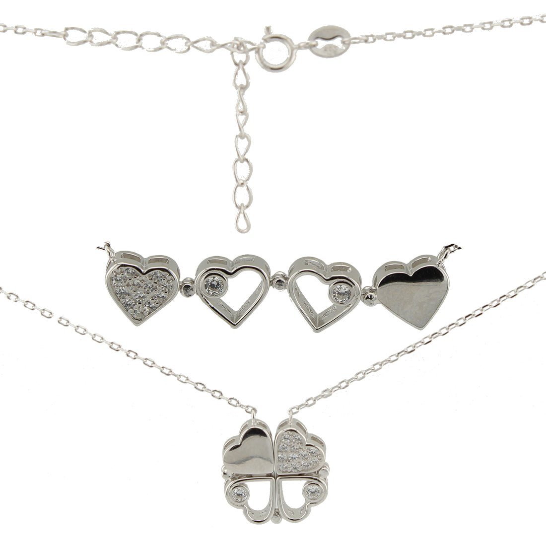 Collar con Colgante. Trébol convertible en Corazones con Zirconita. Plata de Ley S925. Baño Rodio. CL1316784R - Henor