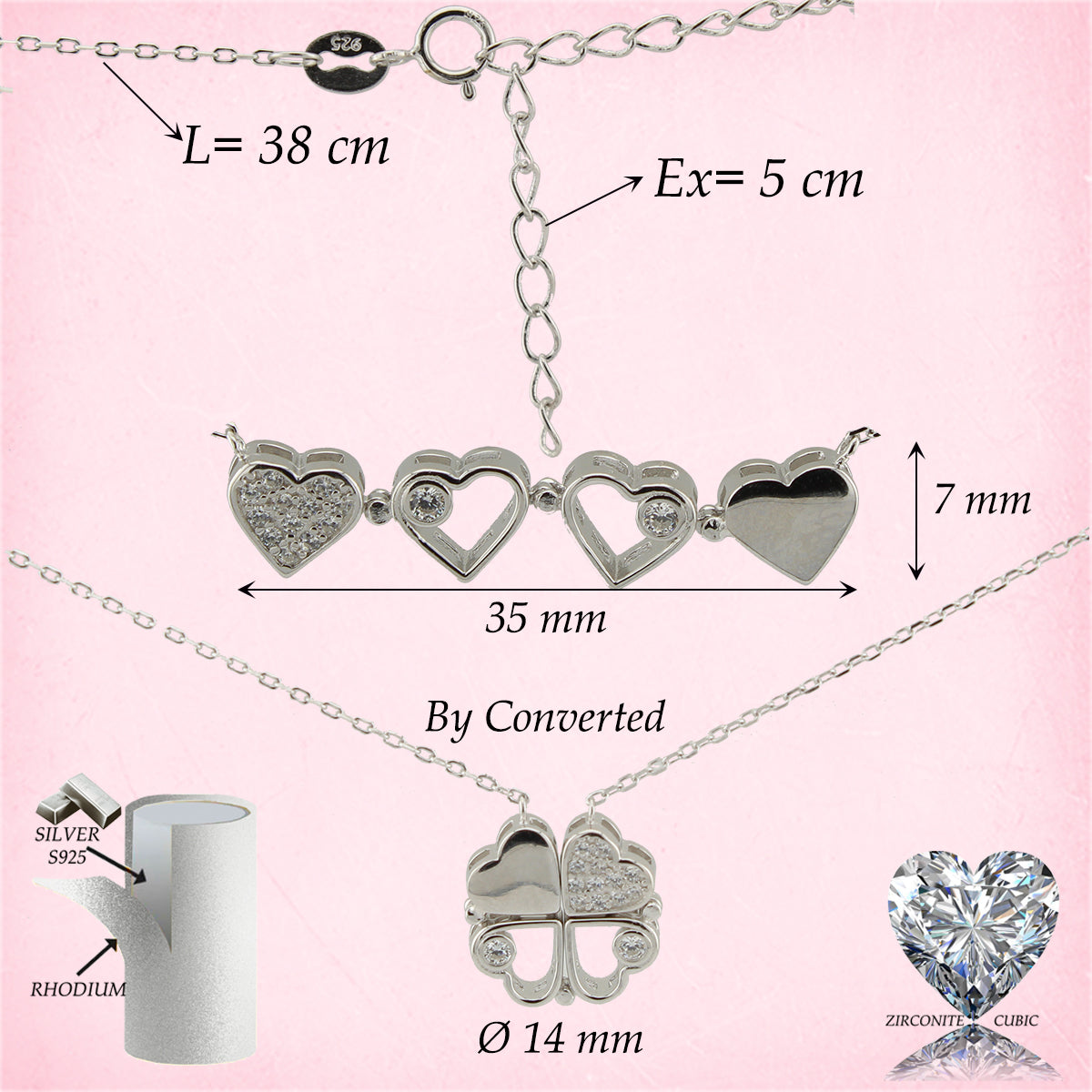 Collar con Colgante. Trébol convertible en Corazones con Zirconita. Plata de Ley S925. Baño Rodio. CL1316784R - Henor