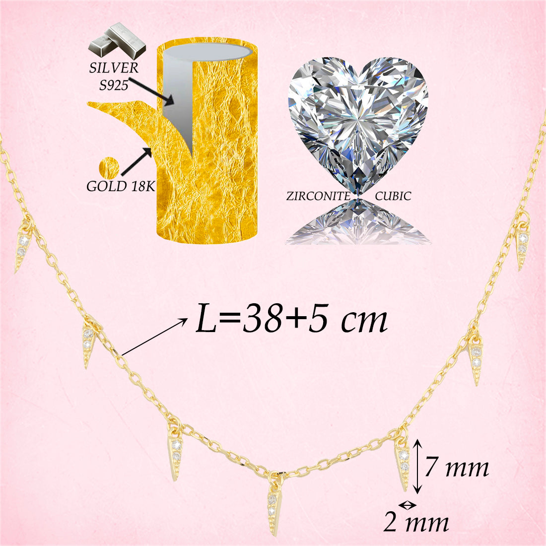 Collar. Gargantilla. Cadena con Colgante puntas de flecha con Zirconita Blanca en Plata de Ley 925 con baño de Oro 18K. Cadena Forzatina CL1316815O - Henor