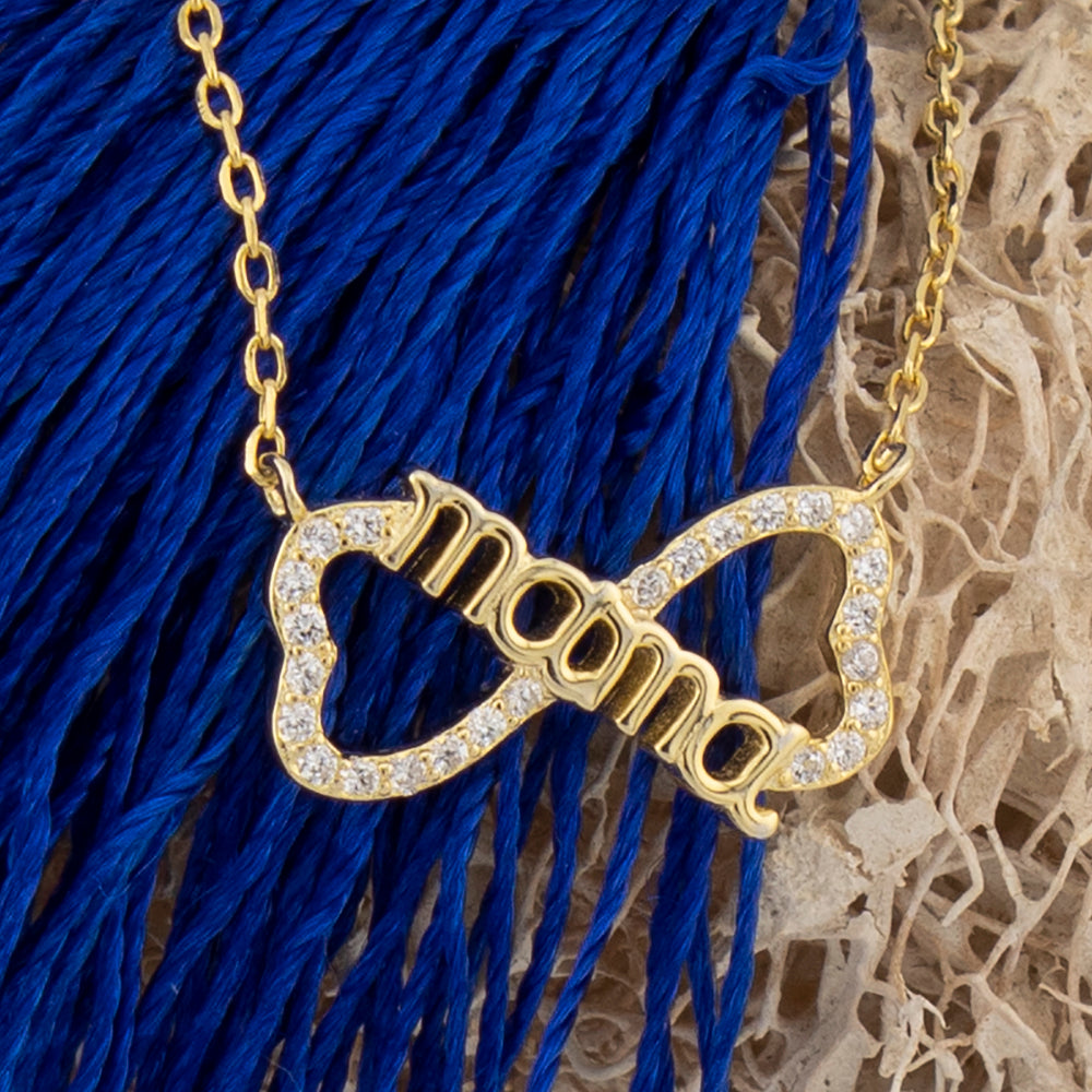 Collar. Gargantilla. Cadena con Colgante Mama Corazones Infinito. Cadena Forzatina En Plata de Ley. Baño Oro 18k. y Zirconita. CL1316820O - Henor