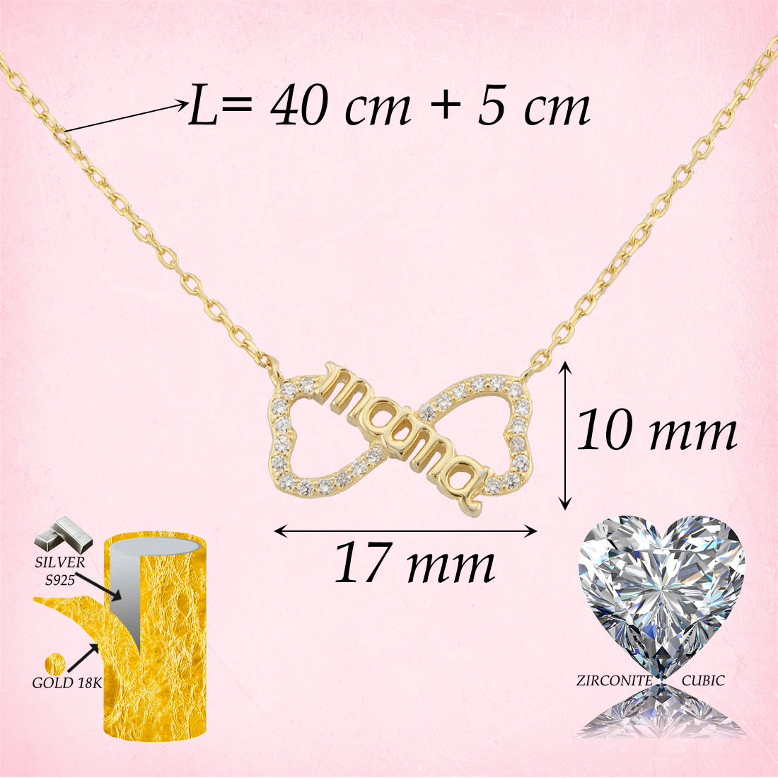 Collar. Gargantilla. Cadena con Colgante Mama Corazones Infinito. Cadena Forzatina En Plata de Ley. Baño Oro 18k. y Zirconita. CL1316820O - Henor