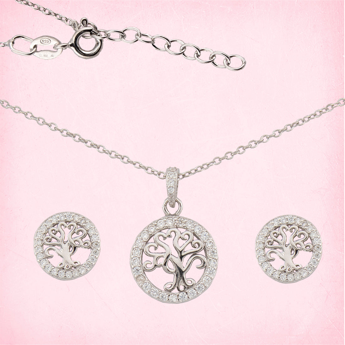 Conjunto Pendientes y Collar con Colgante Árbol de la Vida. Plata de Ley 925 acabado Rodio y Zirconitas. CP4315790R - Henor