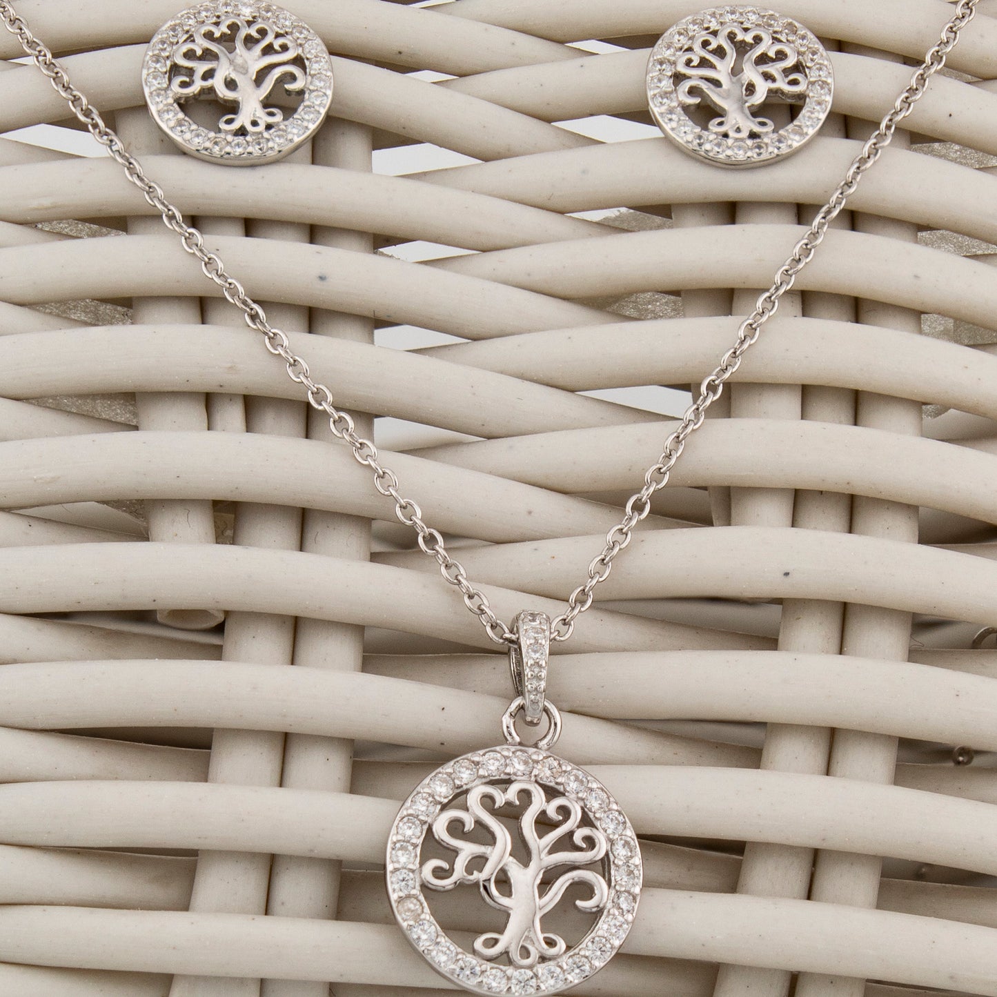Conjunto Pendientes y Collar con Colgante Árbol de la Vida. Plata de Ley 925 acabado Rodio y Zirconitas. CP4315790R - Henor