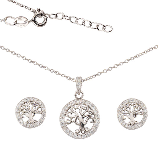 Conjunto Pendientes y Collar con Colgante Árbol de la Vida. Plata de Ley 925 acabado Rodio y Zirconitas. CP4315790R - Henor