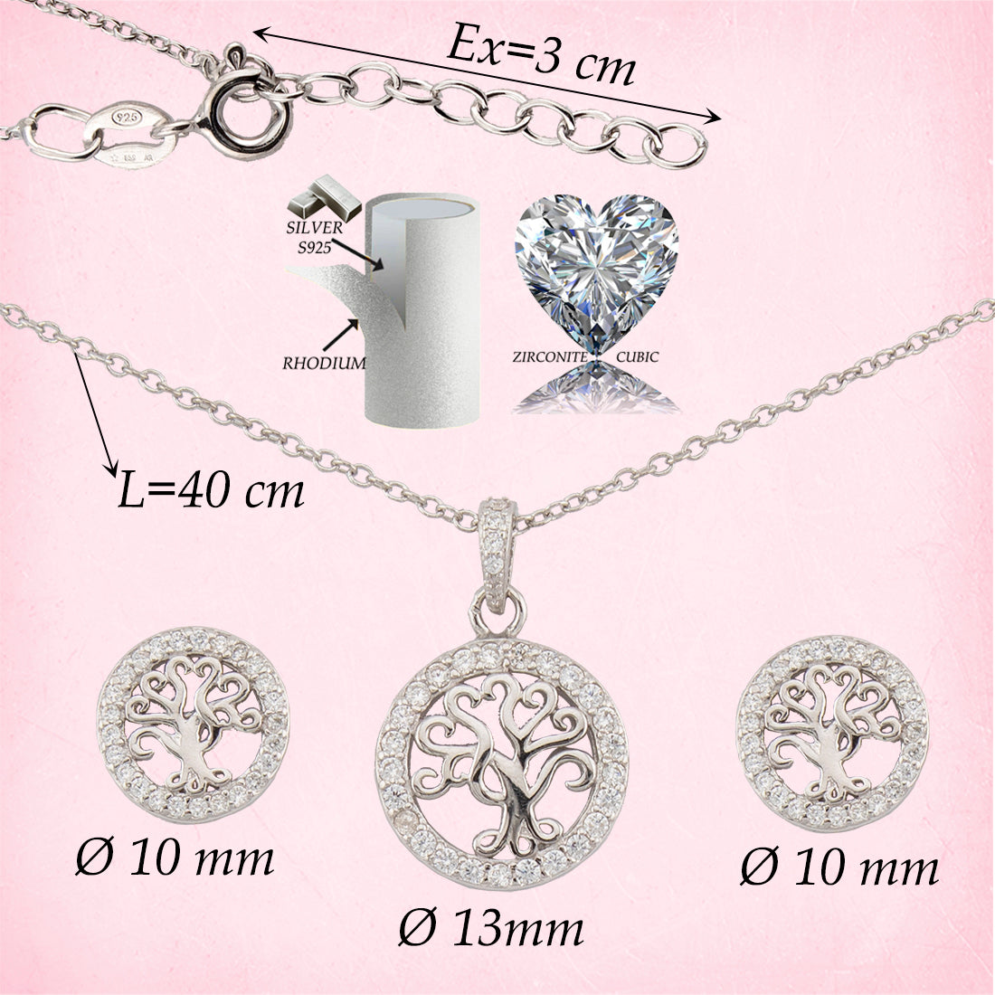 Conjunto Pendientes y Collar con Colgante Árbol de la Vida. Plata de Ley 925 acabado Rodio y Zirconitas. CP4315790R - Henor
