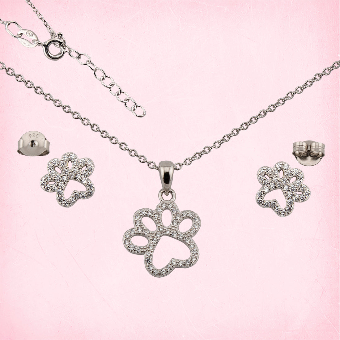Conjunto Pendientes y Collar con Colgante Huellas Caninas. Cadena ajustable de 40cm a 43cm con cierre reasa. Pendientes en Plata de Ley 925 acabado Rodio y Zirconitas. CP4316205R - Henor