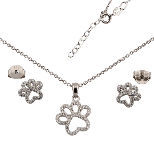 Conjunto Pendientes y Collar con Colgante Huellas Caninas. Cadena ajustable de 40cm a 43cm con cierre reasa. Pendientes en Plata de Ley 925 acabado Rodio y Zirconitas. CP4316205R - Henor