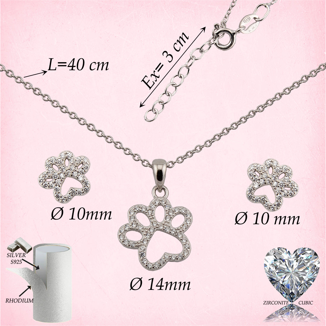 Conjunto Pendientes y Collar con Colgante Huellas Caninas. Cadena ajustable de 40cm a 43cm con cierre reasa. Pendientes en Plata de Ley 925 acabado Rodio y Zirconitas. CP4316205R - Henor