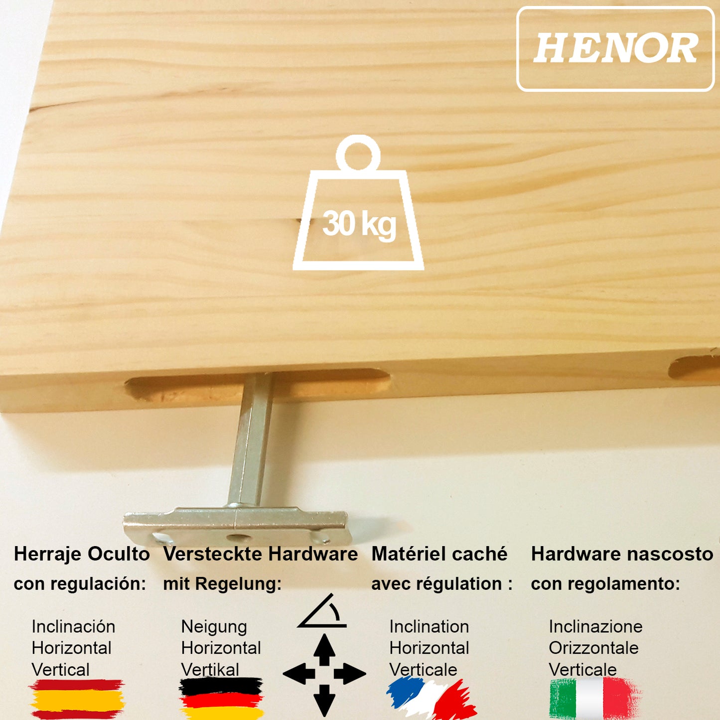 Balda pared Pino natural con herraje oculto Carga 20/30 kg. - Henor