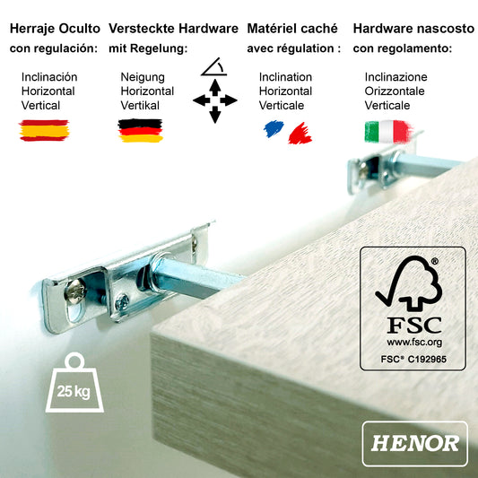 Wandregal 30/100 x 20 x 3 cm mit verdeckten Beschlägen. Beladen Sie 20 kg Eichenstel