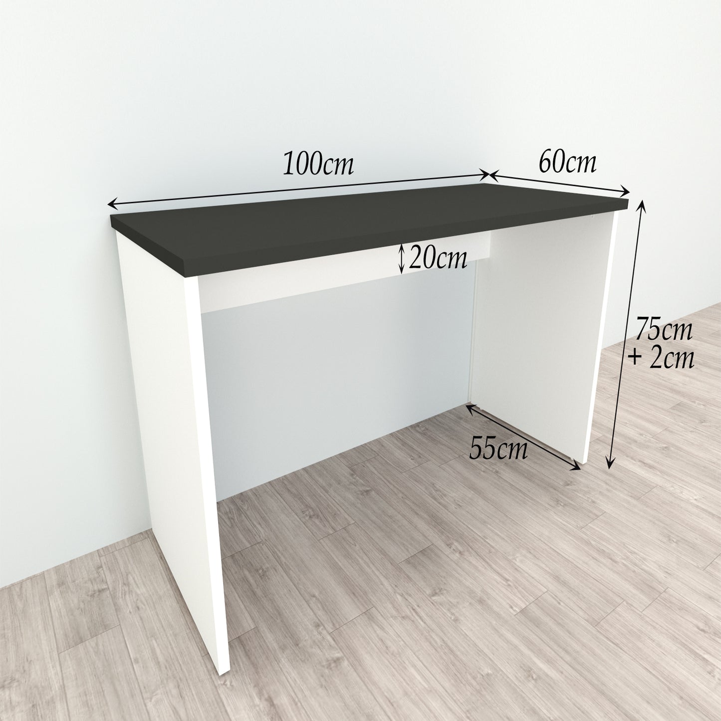 Bürotisch aus Holz mit Nivellierern, 100/115 x 60 x 75 cm, weiß.