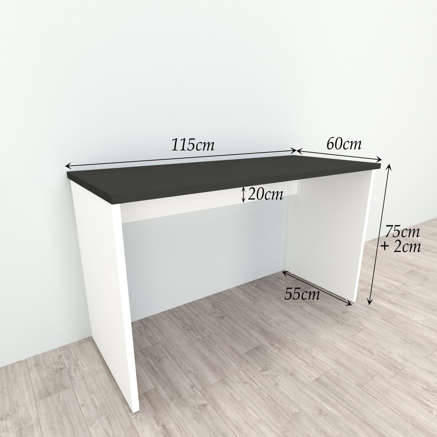 Bürotisch aus Holz mit Nivellierern, 100/115 x 60 x 75 cm, weiß.
