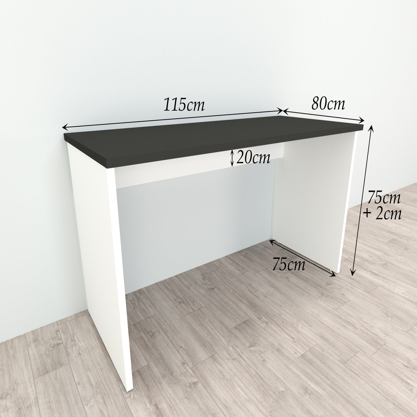 Bürotisch aus Holz mit Nivellierern, 100/115 x 60 x 75 cm, weiß.