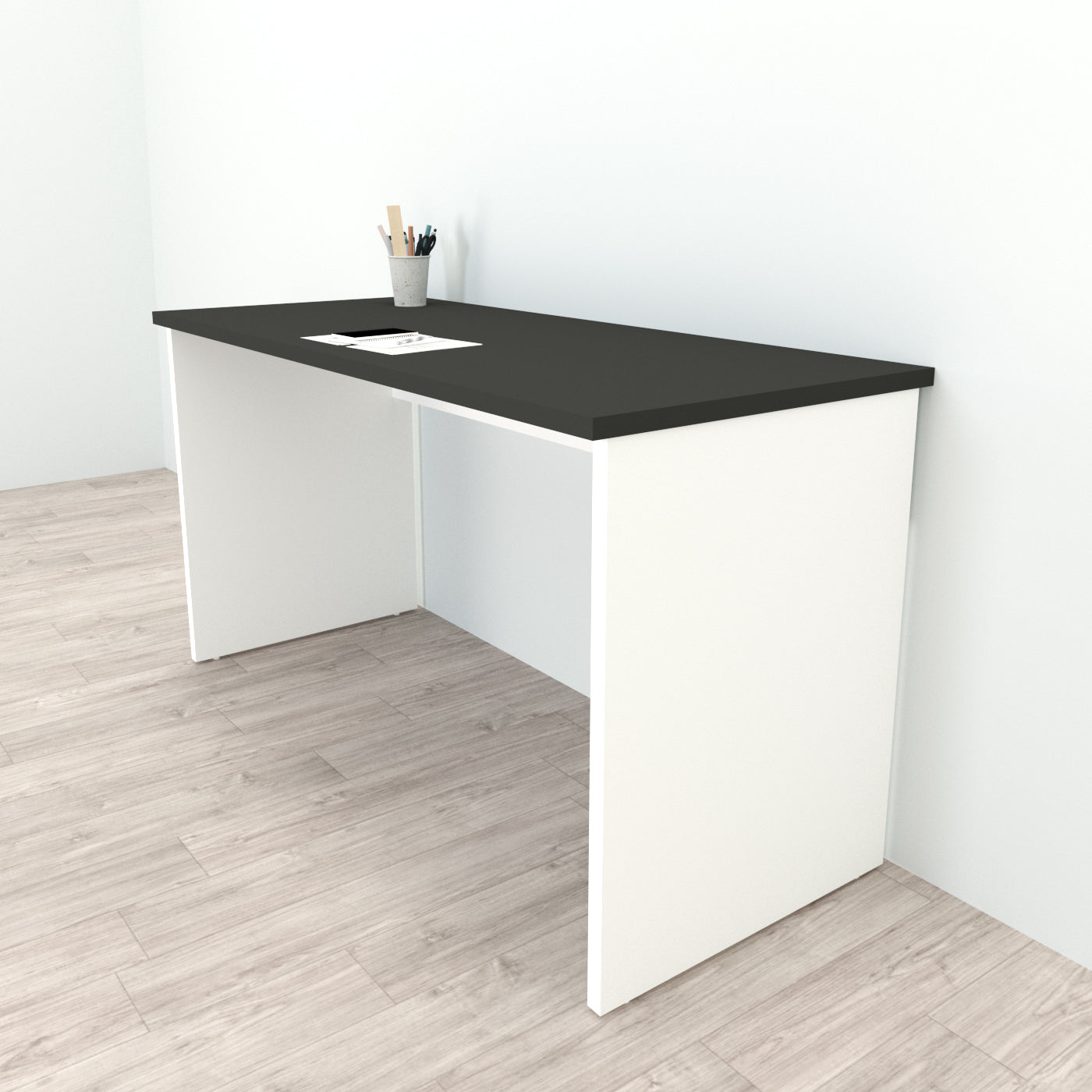 Bürotisch aus Holz mit Nivellierern, 100/115 x 60 x 75 cm, weiß.