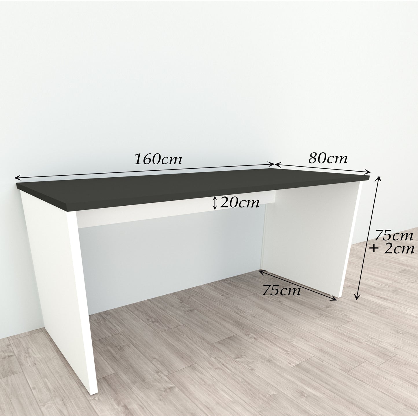 Bürotisch aus Holz mit Nivellierern, 100/115 x 60 x 75 cm, weiß.