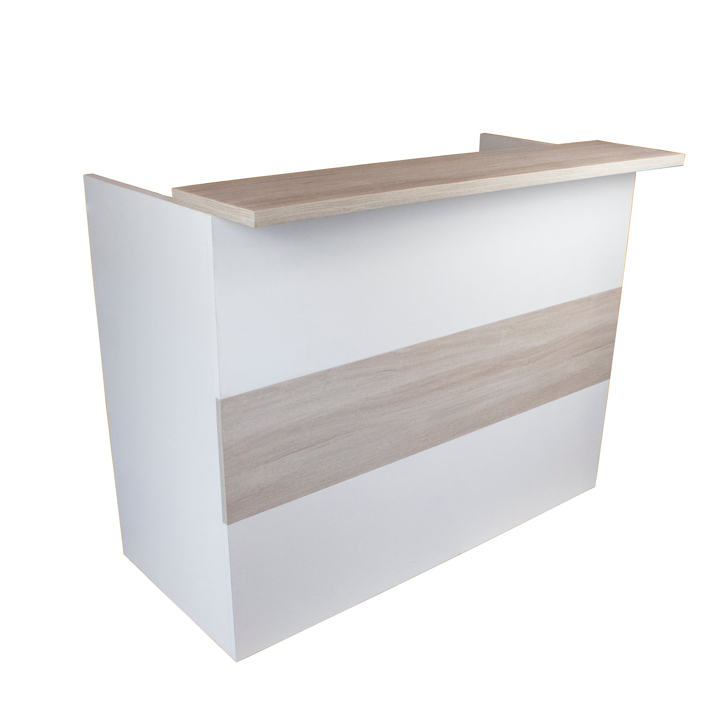 Mostrador Recepción Ebro. 100/180x60/75x110 cm. Con mesa interior. Blanco + Roble Stel