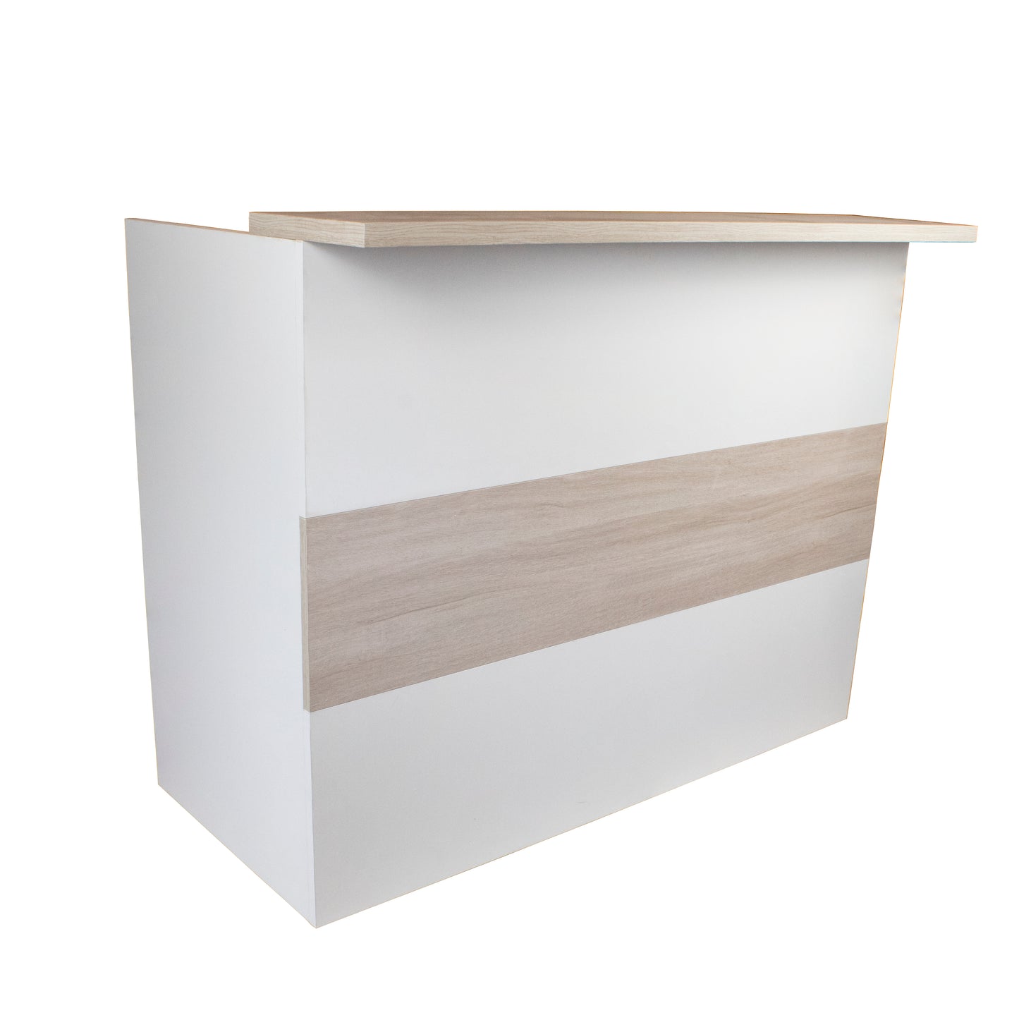 Mostrador Recepción Ebro. 100/180x60/75x110 cm. Con mesa interior. Blanco + Roble Stel
