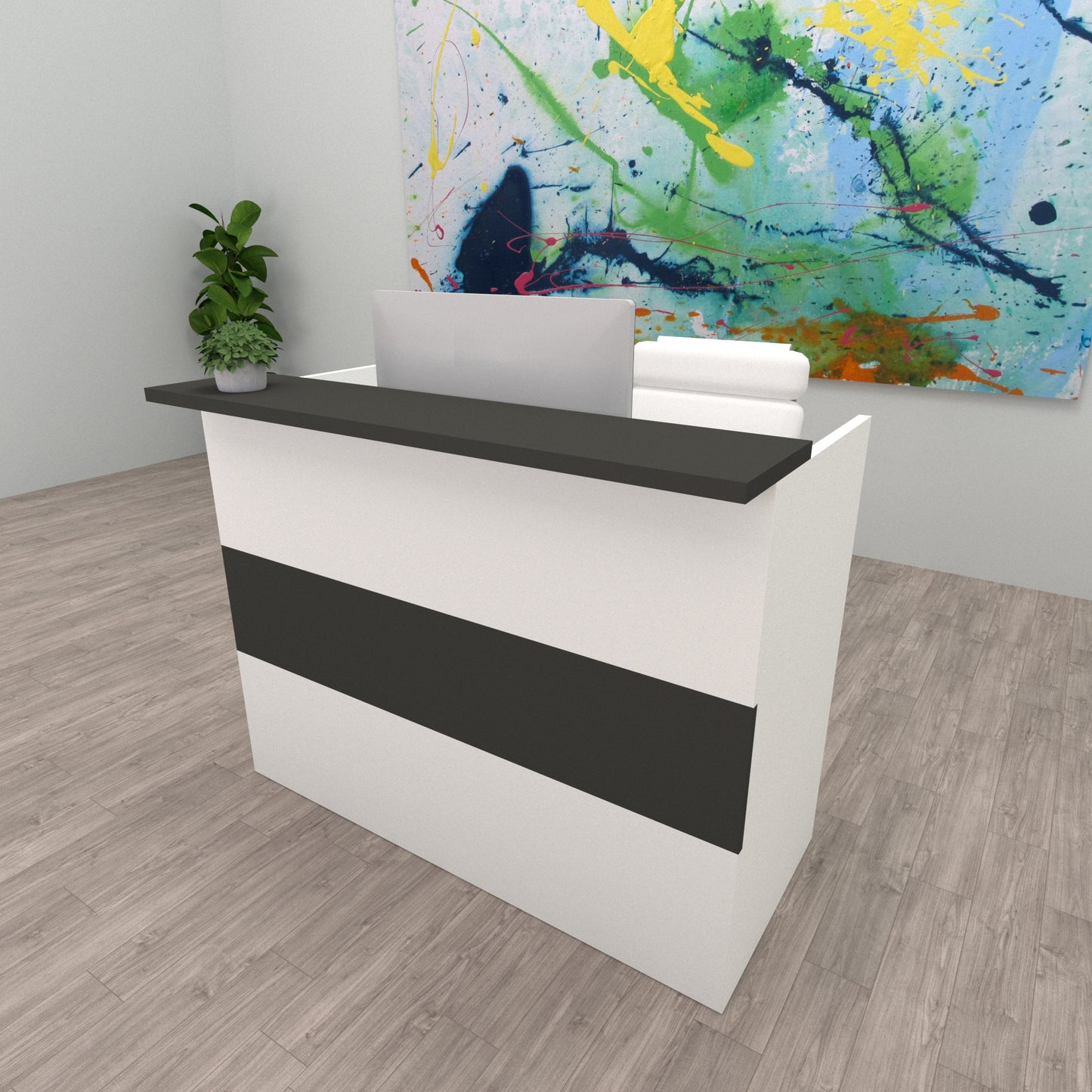 Banco reception Ebro. 100/180x60/75x110 cm. Con tavolo interno. Bianco + grafite.