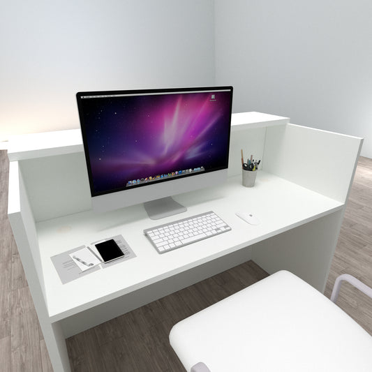 Ebro Empfangstresen. 100/180x60/75x110 cm. Mit Innentisch. Weiß + Steleiche.