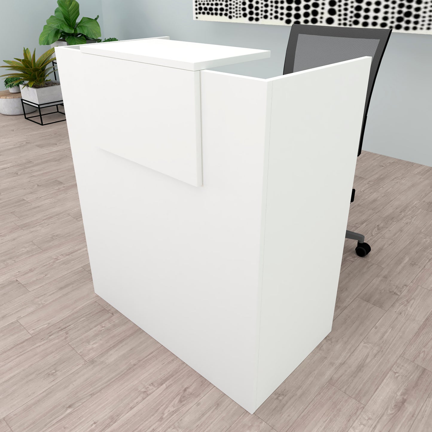Banco reception OJA. 80/100 x 50 x 107 cm. Con tavolo interno. Bianco.