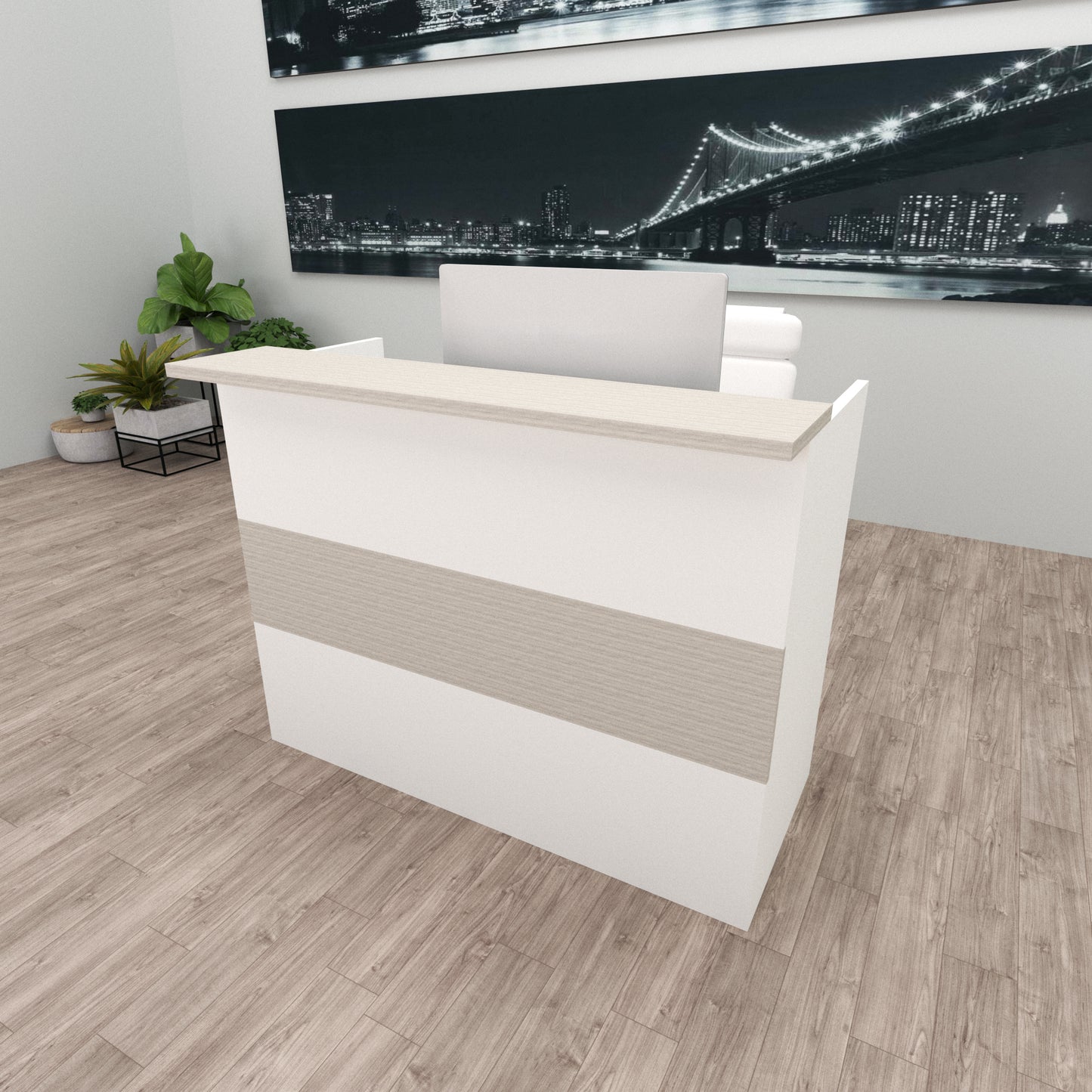 Mostrador Recepción Ebro. 100/180x60/75x110 cm. Con mesa interior. Blanco + Roble Stel