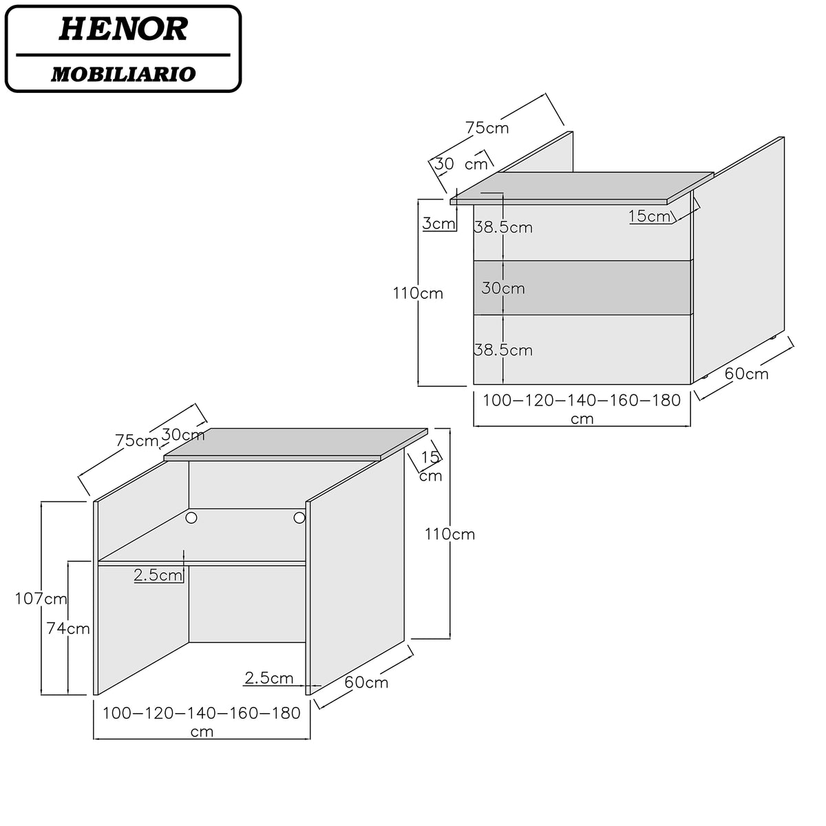 Henor Comptoir de réception EBRO 100-110-120-140-160-180x75x110 cm Table intérieure 60 cm Blanc et Chêne Stel