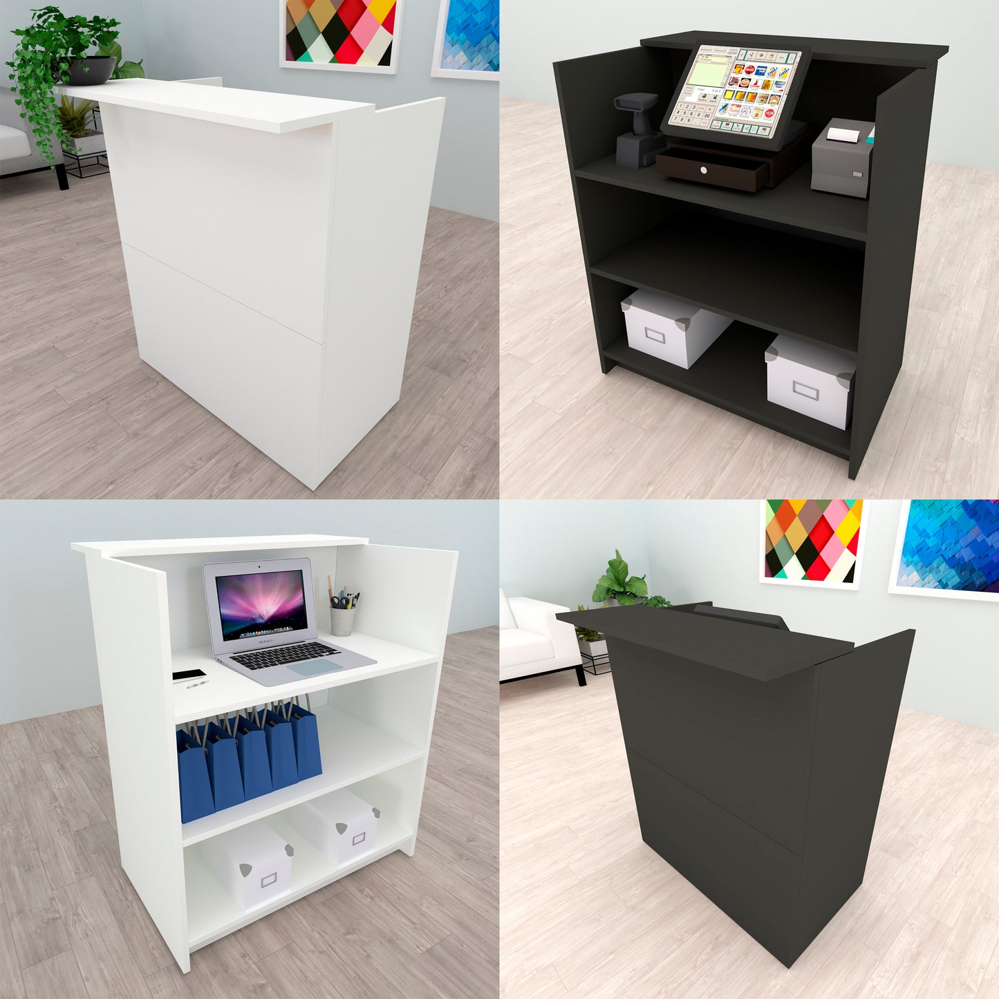 Mostrador Recepción TIRÓN. 80/110x50/65x107 cm. Con mesa interior. Blanco Grafito